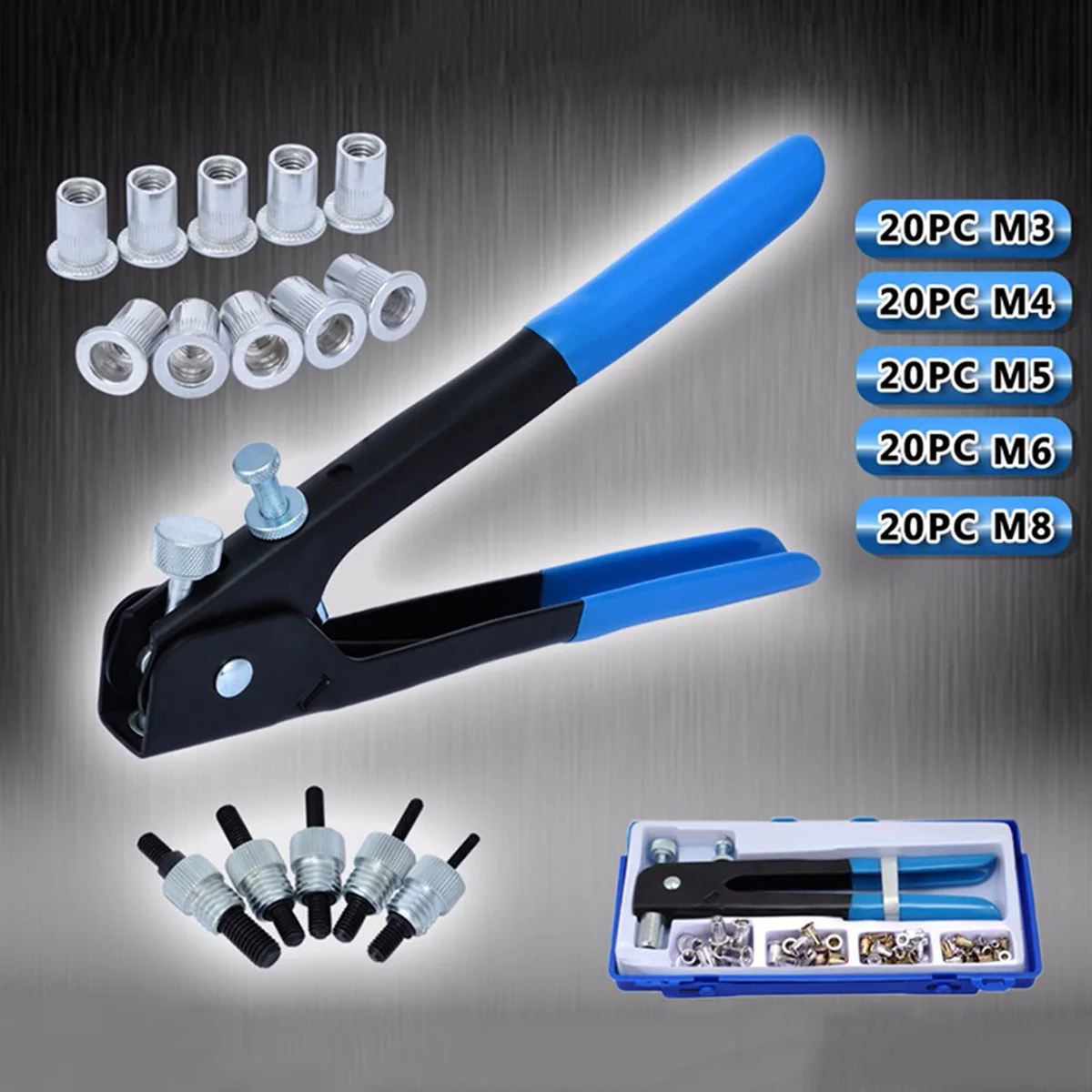 

106pcs/set Blind Riveter Gun with M3-M8 Threaded Rivet Nut Inserts Riveting Tool Kit Home Repair Tool