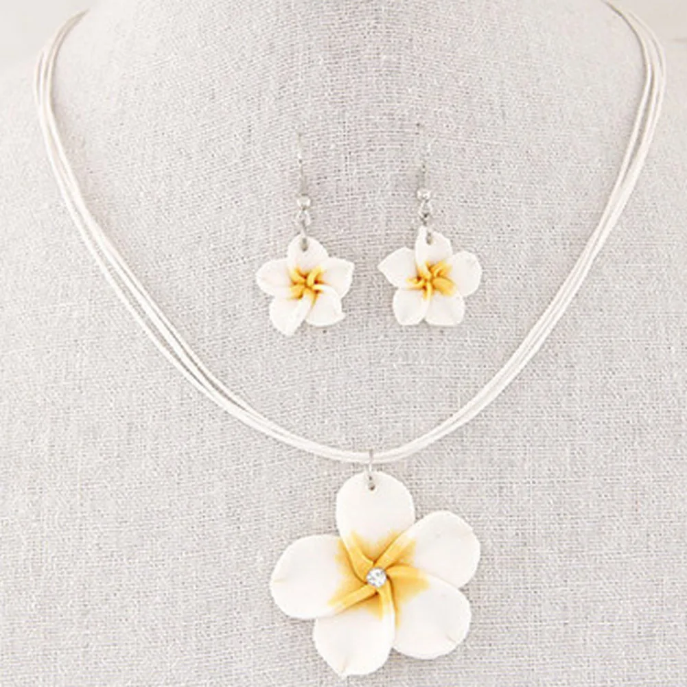 

Soft Pottery Hawaii Plumeria Flowers Rhinestone Pendant Necklace Earrings Charm Jewelry Set For Women(blue)
