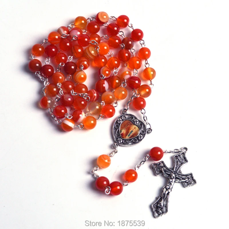 Католические Четки Our Lady of Lourdes Центральная медаль 8 мм круглый оранжевый тройной камень Бусины