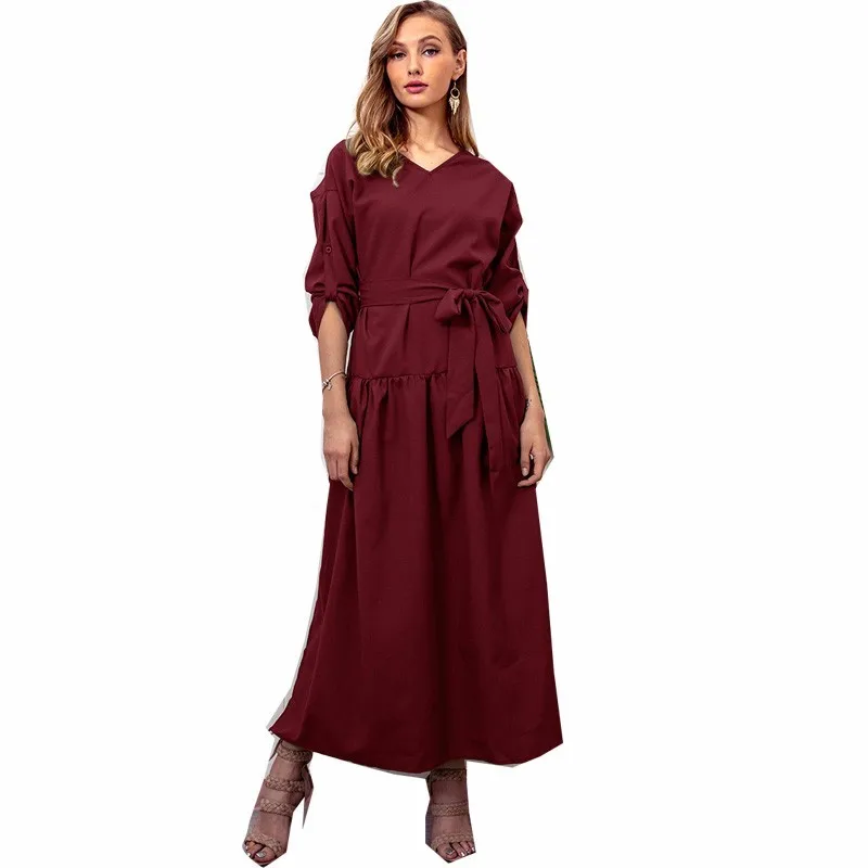 

Autumn Winter New Fashion Irregular V-neck Long Sleeve Casual Solid Dress Frocks Women Dresses Vestido Robe Femme Vintage Elbise