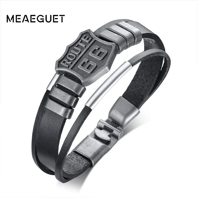 

Ancient Silver Men's Leather Bracelet Route 66 USA Will Rogers Highway Sign Fashion Male Wristband Gifts