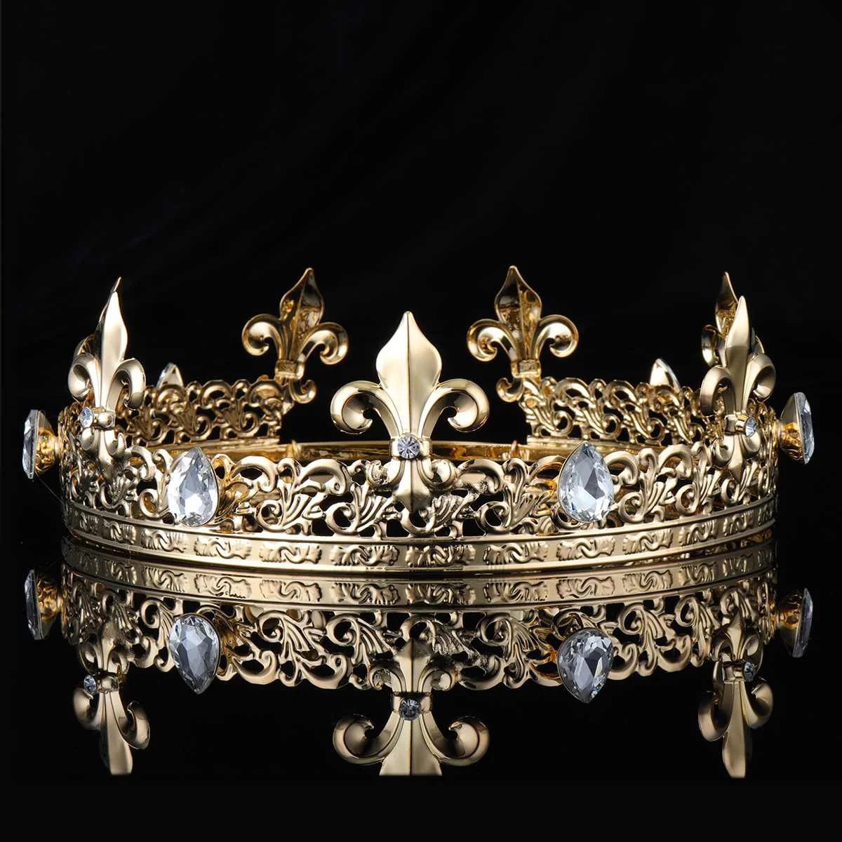 

Vintage Round Men's Crown Gold Prom Party Accessories King Imperial Medieval Gold Rhinestone Tiara Adjustable Baroque Hair Jewel
