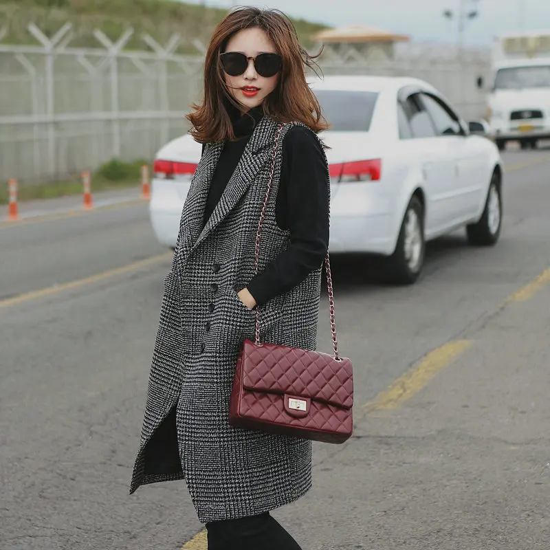 

Women Fashion Elegant Office Lady Pocket Woolen Plaid Waistcoat Sleeveless Vests Jacket Outwear Casual Brand Coats