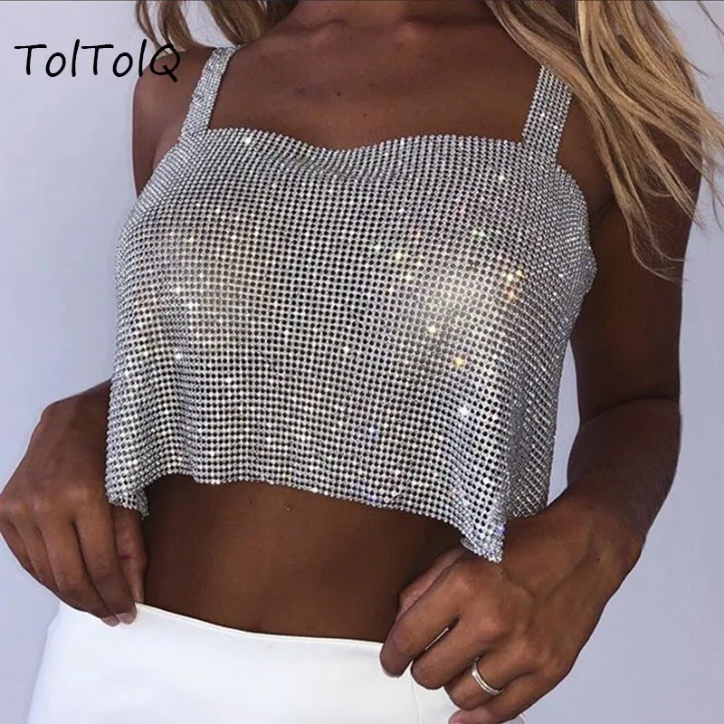 

2019 Glitter Nightclub Backless Rhinestone Tank Top Women Sexy Metal Crystal Diamonds Sequined Night Club Party Wear Top