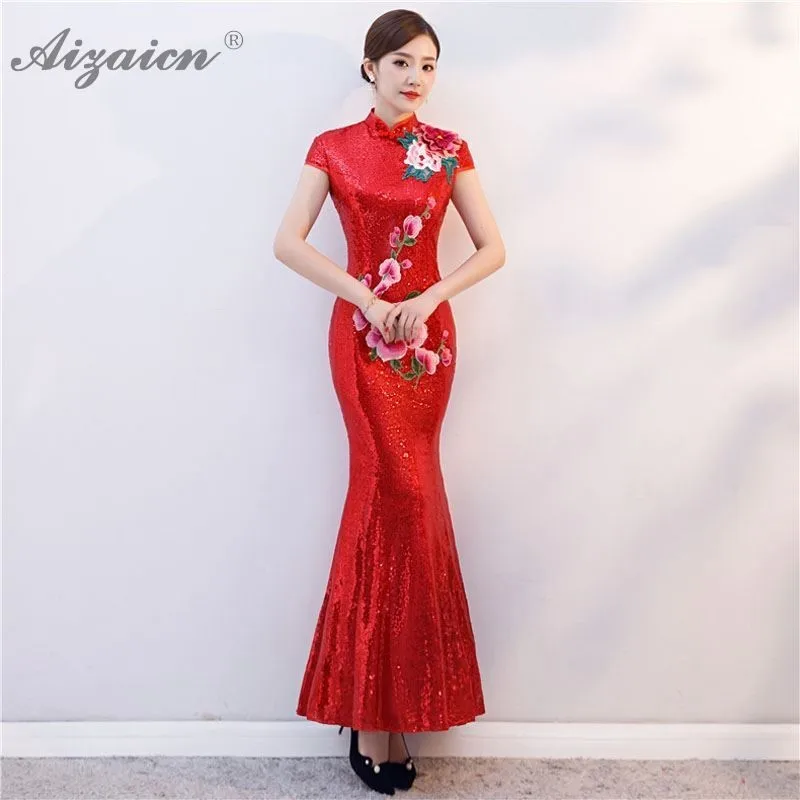 

Red Paillette Embroidery Evening Dresses Long Chinese Traditional Wedding Dress Qipao Cheongsam Sexy Bride Traditions Qi Pao