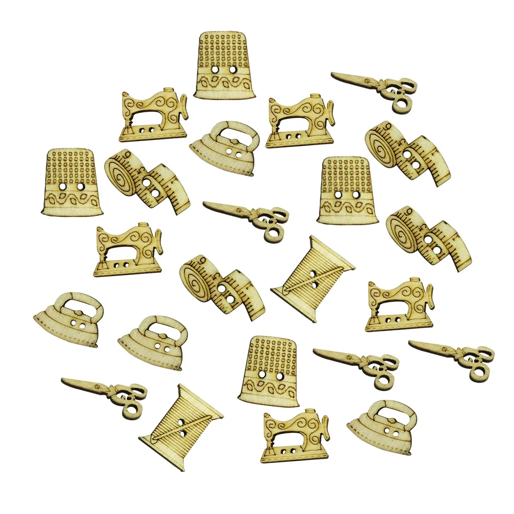 50PCS Wooden Buttons Scissor Shape Assorted Design Sewing Machine Buttons Snaps Press Studs for Crafts Scrapbooking Sewing