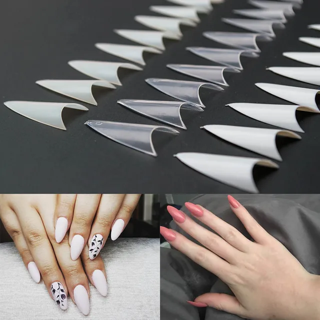 100 pcs/paquet faux ongles naturel/clair/blanc stiletto sharp