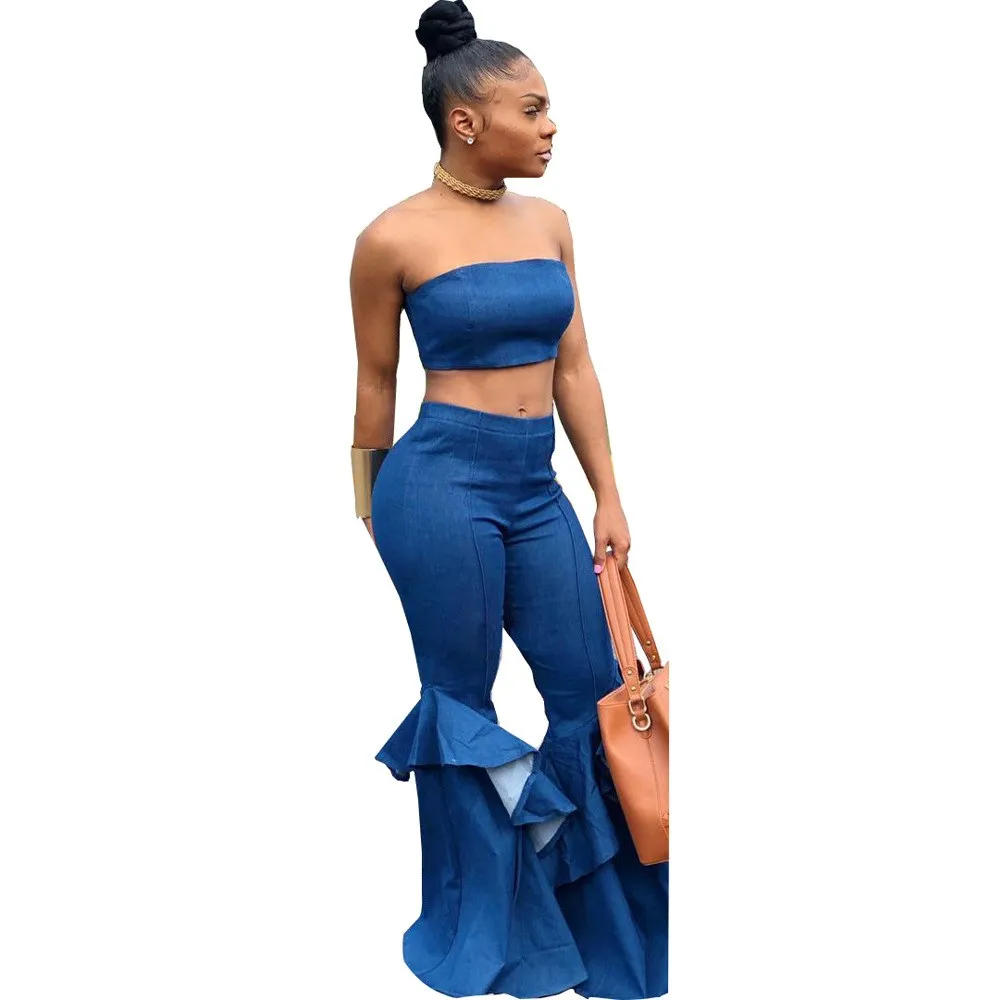 

Denim Summer Two Piece Set Strapless Crop Top and Jeans Flare Pant Suit Matching Sets Women Outfits Sexy 2 Piece Set
