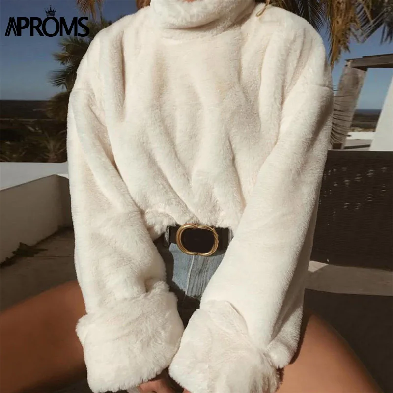 Beste Aproms Witte Zachte Teddy Jassen Vrouwen Winter Coltrui Losse Jumper Dames Herfst Streetwear Terug Rits Warme Jas Uitloper 2018