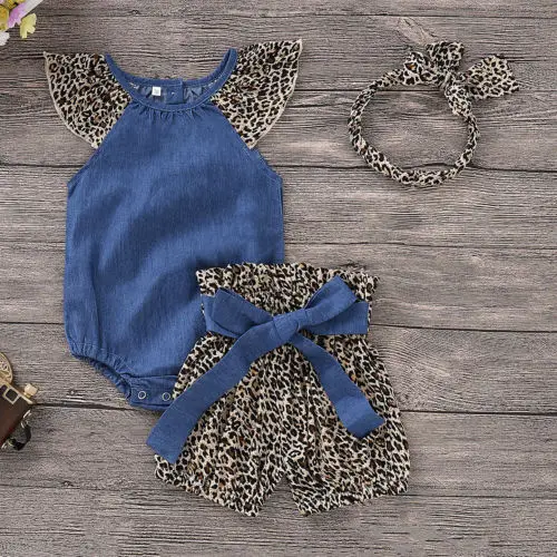 Новорожденный малыш детская одежда для малышки без рукавов джинсовый комбинезон+ леопардовые штаны комплект одежды из 3 деталей с повязкой на голову на возраст от 0 до 24 месяцев