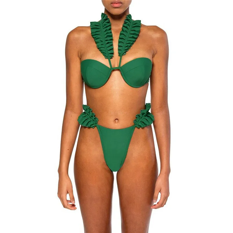 

Women's Sexy Bikini Set Summer Beach Two Pieces Swimwear Push-up Padded Deep V Bra Bathing Suit Soild Swimsuit Hot Selling New