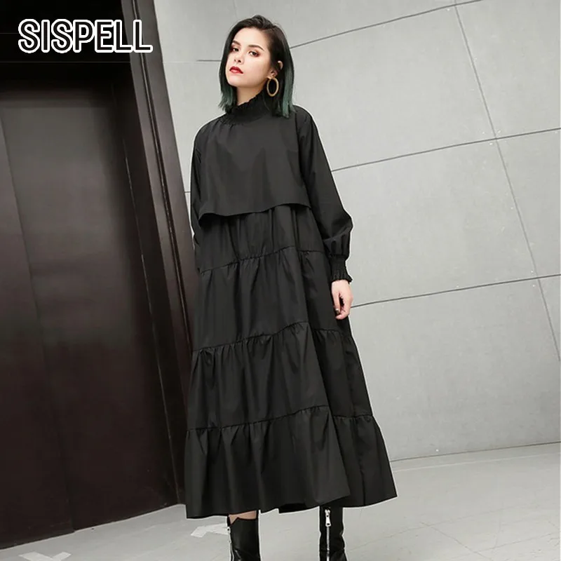 

SISPELL 2019 Spring Dresses For Women Stand Collar Long Sleeve Loose Oversize Black Midi Dress Female Fashion Casual Clothes New