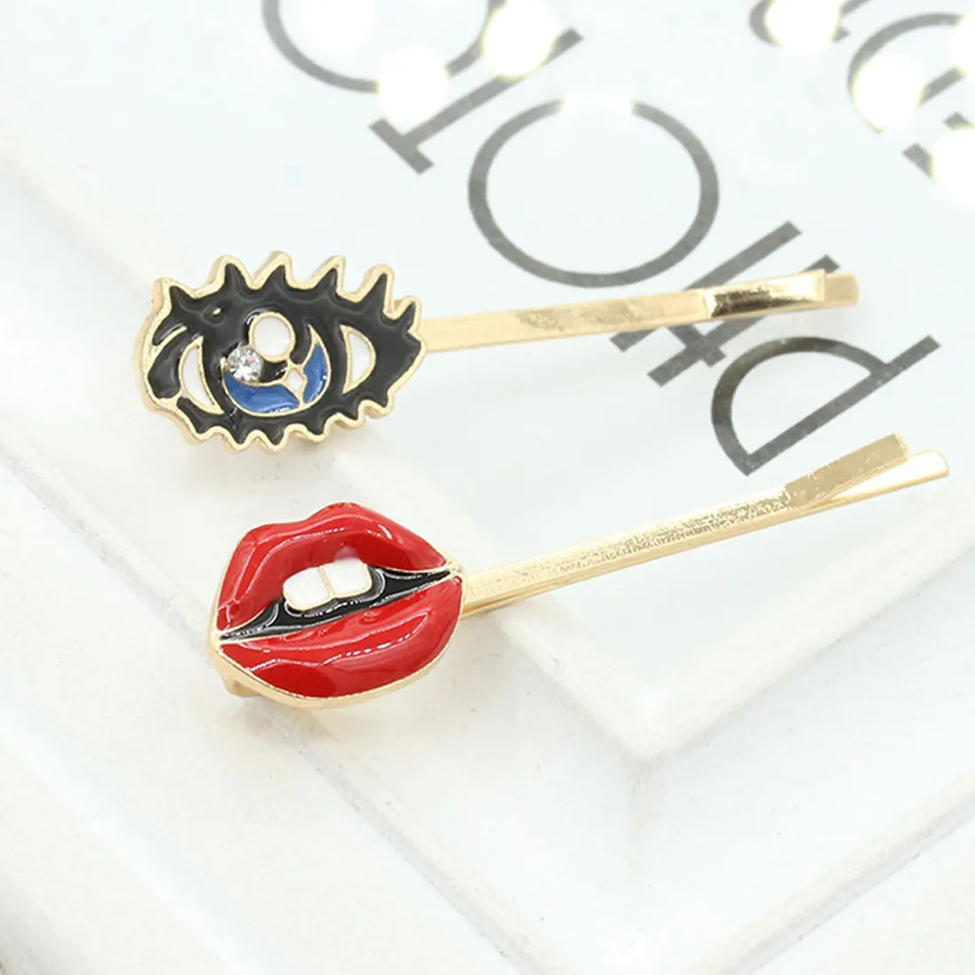 

Sexy Red Lip & Charming Eye Fashion Golden Hair Pins and Clips Hair Jewelry Accessories for Women girls