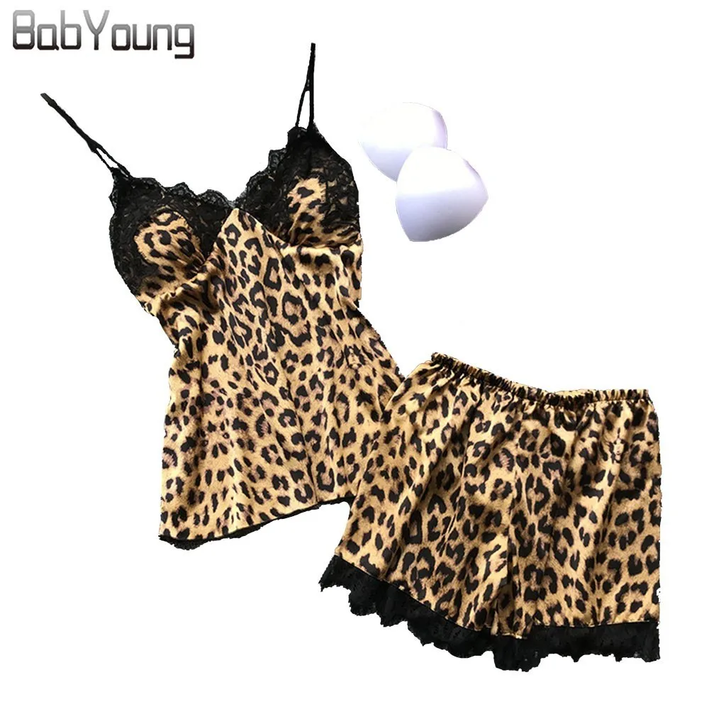 

BabYoung Summer Pyjamas Femme Women Pajamas Set Leopard Lace Sleeveless Spaghetti Silk Pijama Mujer Sexy Lingerie Nighty Wear