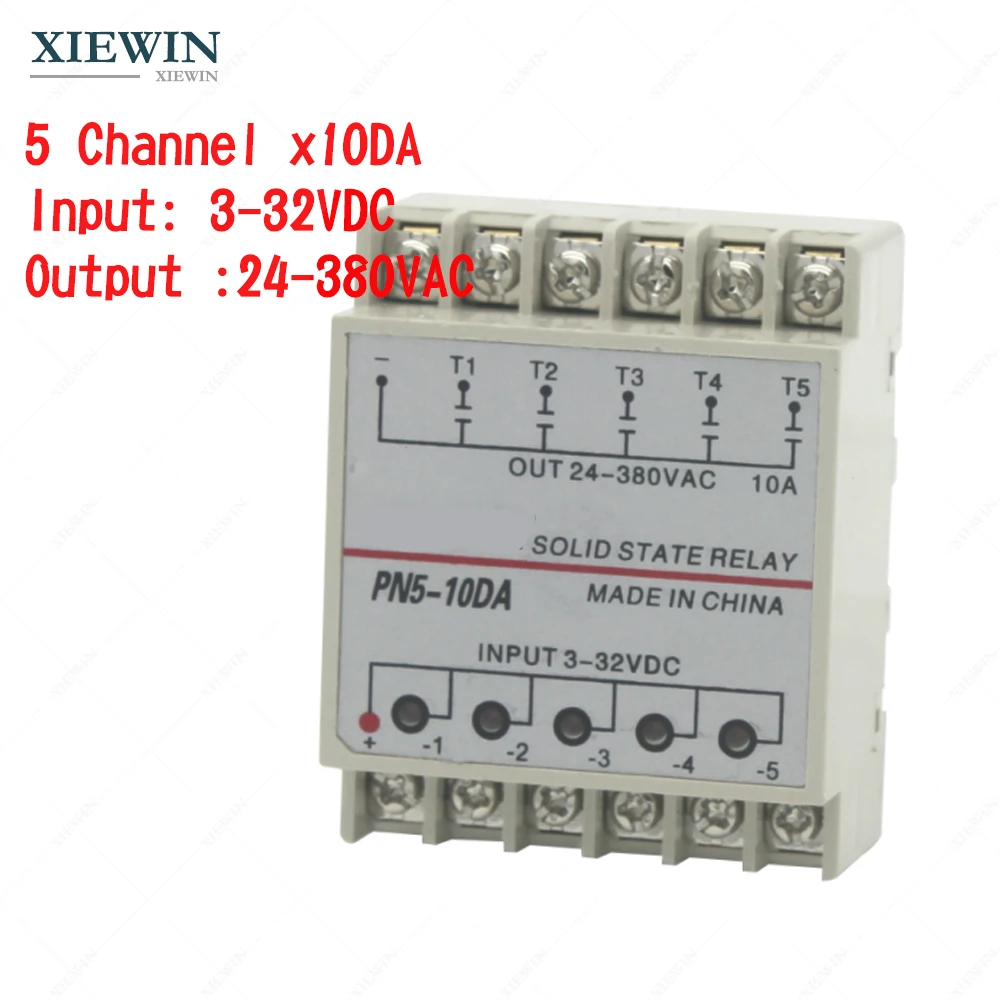 

5 Channels 10DA Din Rail Mounting SSR Input 3~32VDC Output 24~380VAC Solid State Relay 5x10A
