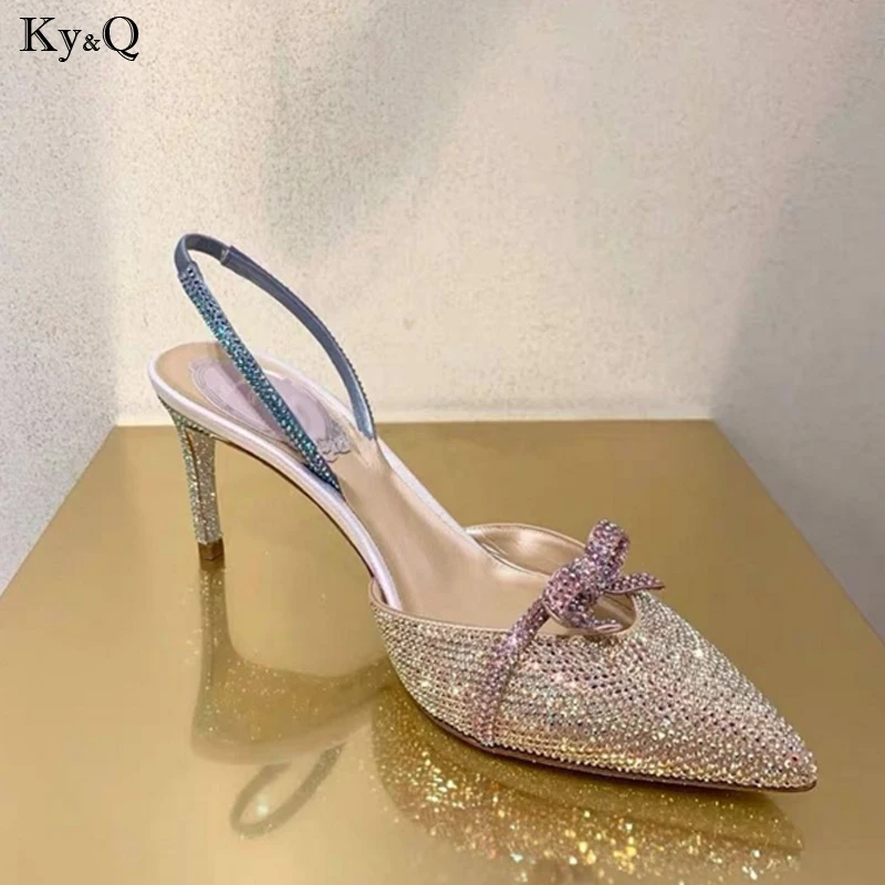 

2019 Spring New Ladies Fashion Trend Stiletto Comfortable Pointed Bow Baotou Rhinestone Word With Wild Wedding Heels 5-8cm