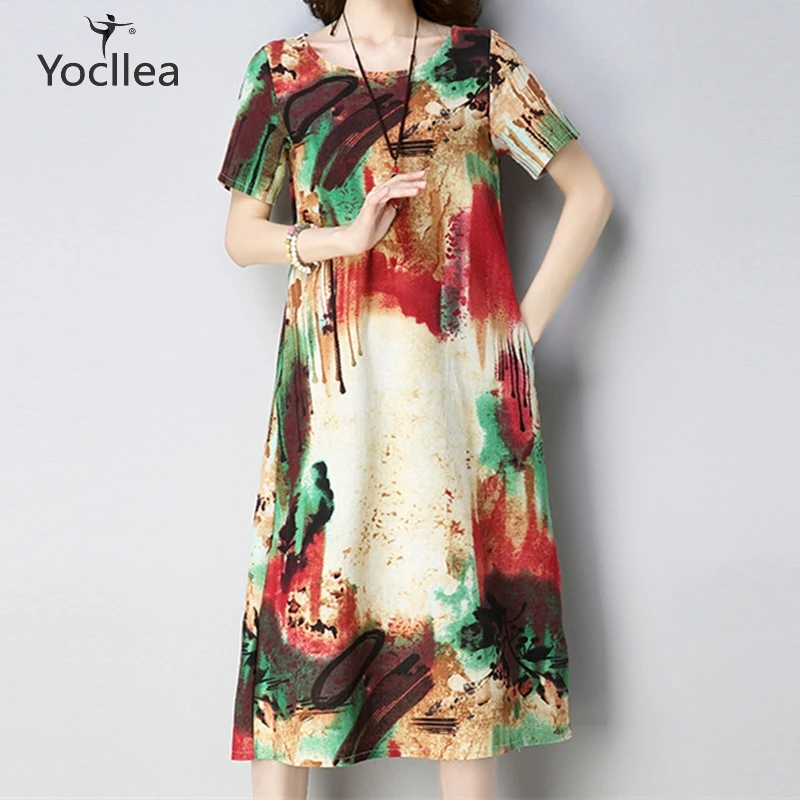 

Summer dress Women Print Cotton Linen dresses vesitidos female plus size short sleeve Loose Casual Women's clothing ZY230