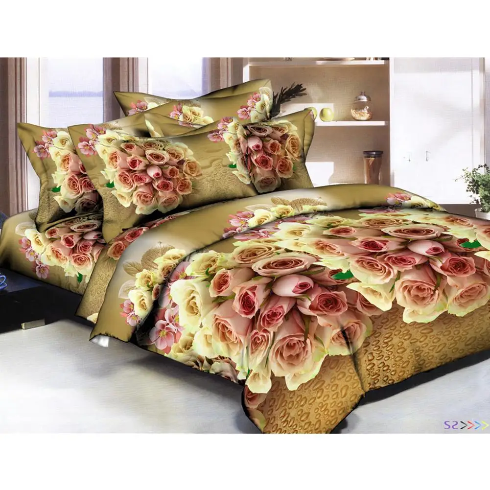  Adeeing 4Pcs/Set 3D Rose Flower Printing Pillowcase Quilt Cover Bed Sheet Bedding Set