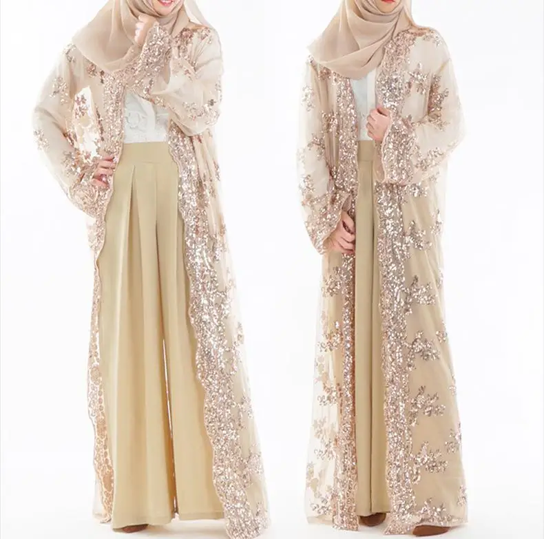 Модный роскошный женский кардиган abaya с блестками, мусульманское длинное платье, блестящее, Дубай, с вышивкой, кружевной кафтан, исламский халат, кимоно, новинка