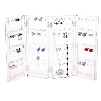 

Foldable 4-Panel Jewelry Screen Hanger Organizer Earrings Necklace Chains Display Stands Transparent