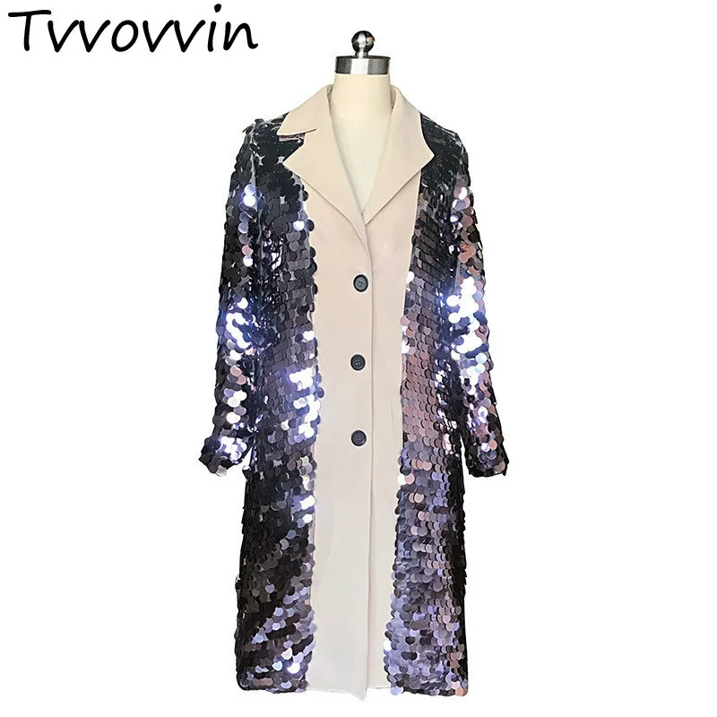 Revers Longues L709 Nouveau De Long Khaki À Manches vent Mode Fendue Femmes Marée Lâche Commune 2019 Printemps Coupe Tranchée Kaki Paillettes Hiver nwtdqYY1R