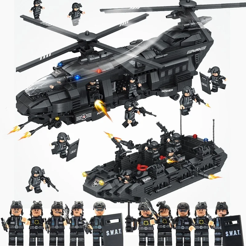 Günstig 1351 stücke Military Swat Team Spezielle Polizei Kraft Transport Hubschrauber Bausteine Kompatibel Legoings Stadt Armee Ziegel WJ065