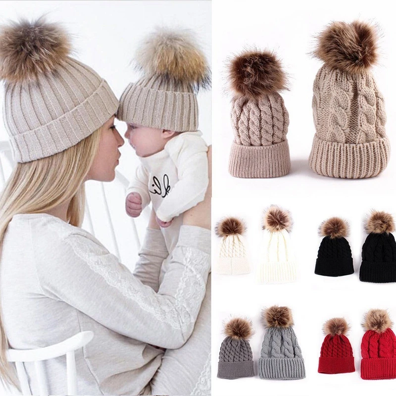 2 предмета, семейные шапки для мамы и ребенка, женские вязаные шапки с помпоном-кисточкой Теплые зимние шапки, мягкая хлопковая шапка-маска, шапки