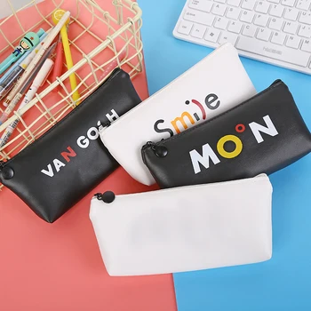 

Pencil Case Solid Faux Leather Zipper Black Letter Student for School Pencil Box Cases Pen Bag Pouch School Supplies Stationery