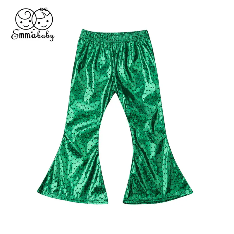 2 7Y Girl Flares Mermaid Leggings Pants For Kids Green Scale print