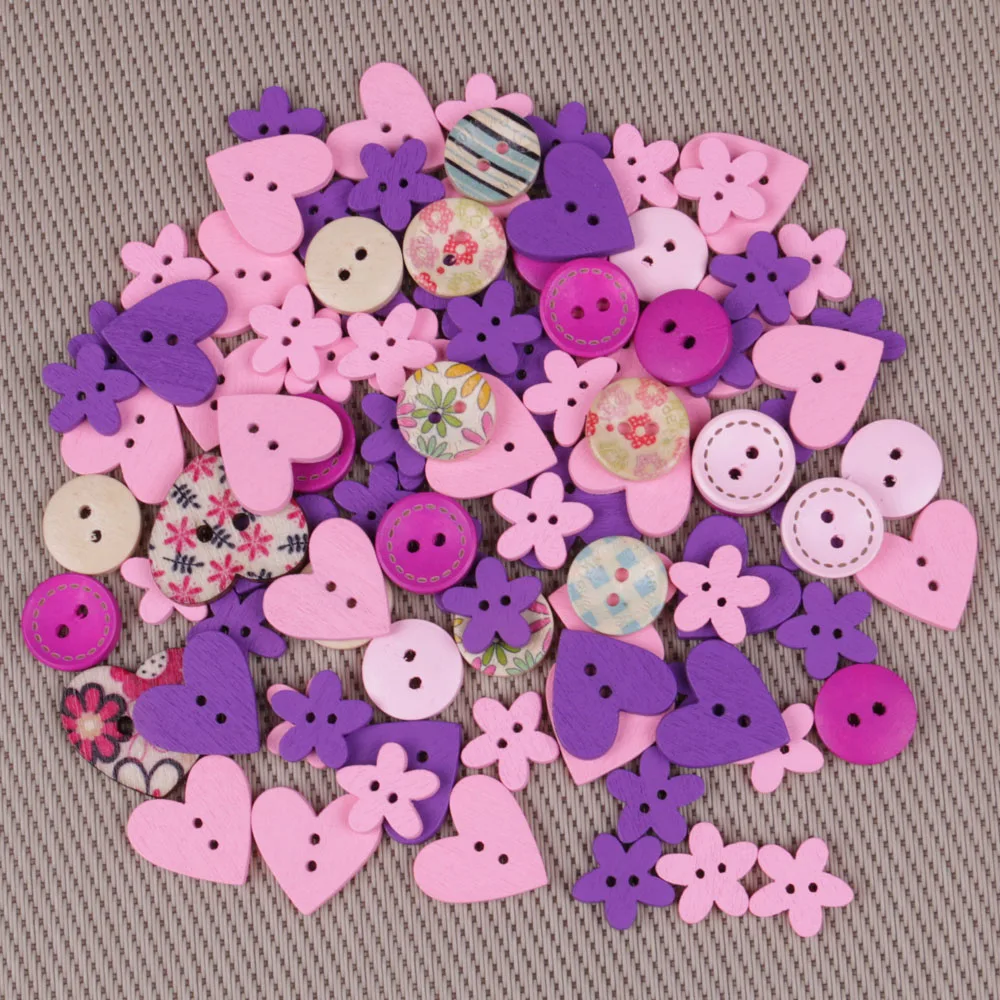 

130 Pcs Mixed Wooden Buttons For Clothing 2-Holes DIY scrapbooking accessories Decoration pink purple Button Hand Crafts