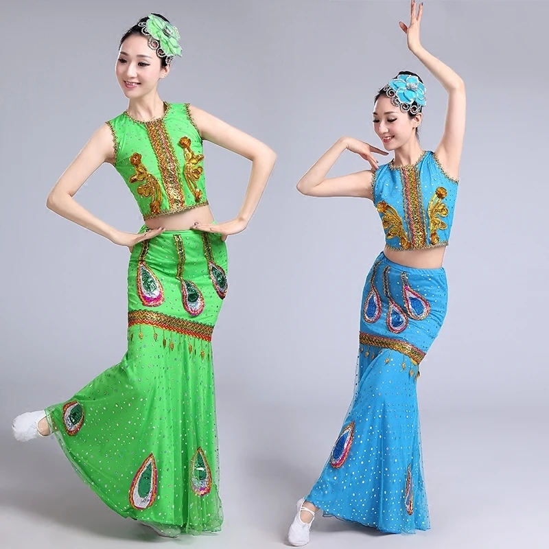 

New sequins Dai Dance Costume Peacock Dance Costume Dai skirt performance costume fish tail skirt