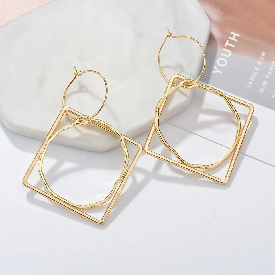 

Women Trendy Square And Round Drop Earrings Female Trendy Handmade Earrings Gold Individuality Wedding Jewelry Gold Color