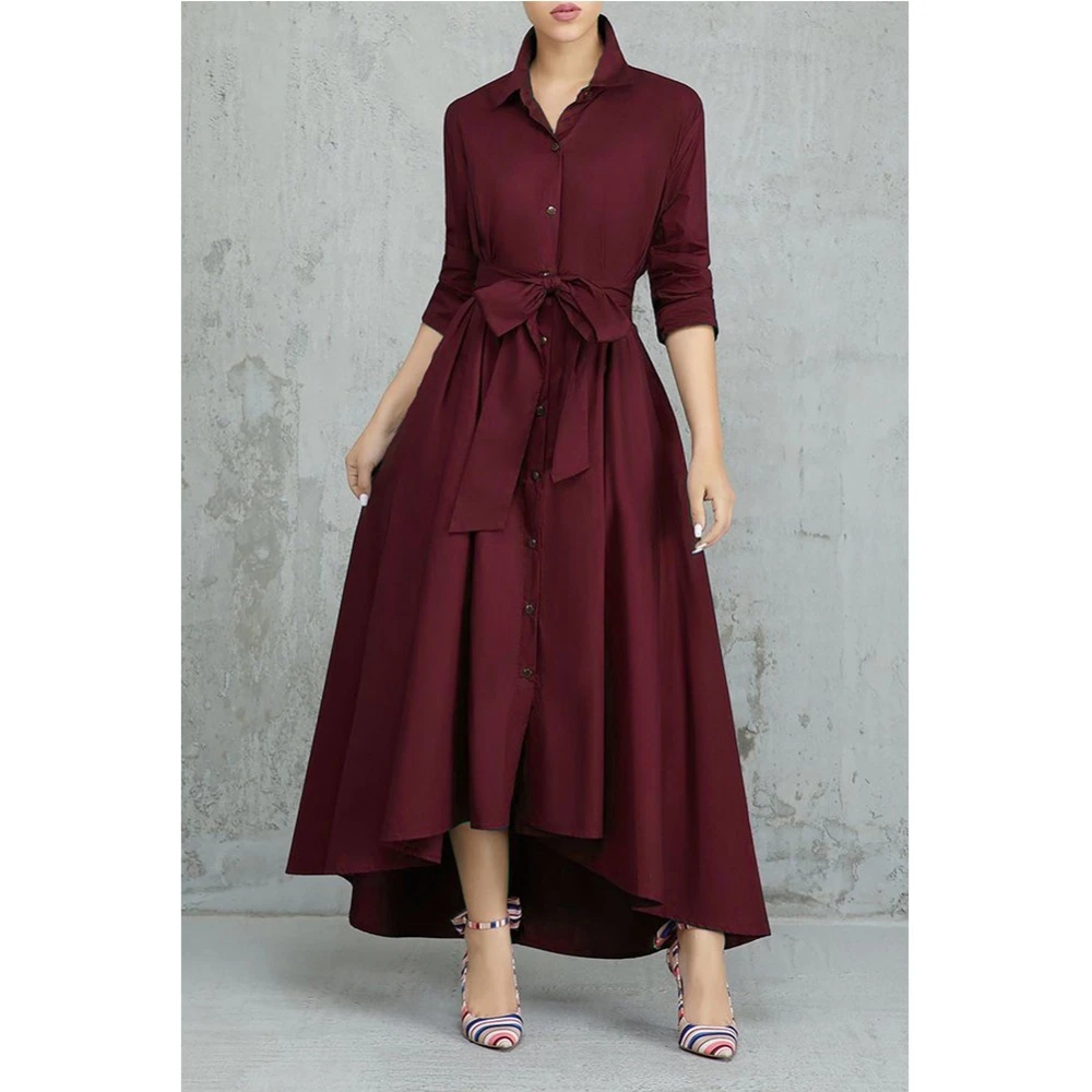 Women Elegent OL Office Workwear Collared Button Up Loose Long Maxi Shirt Dress