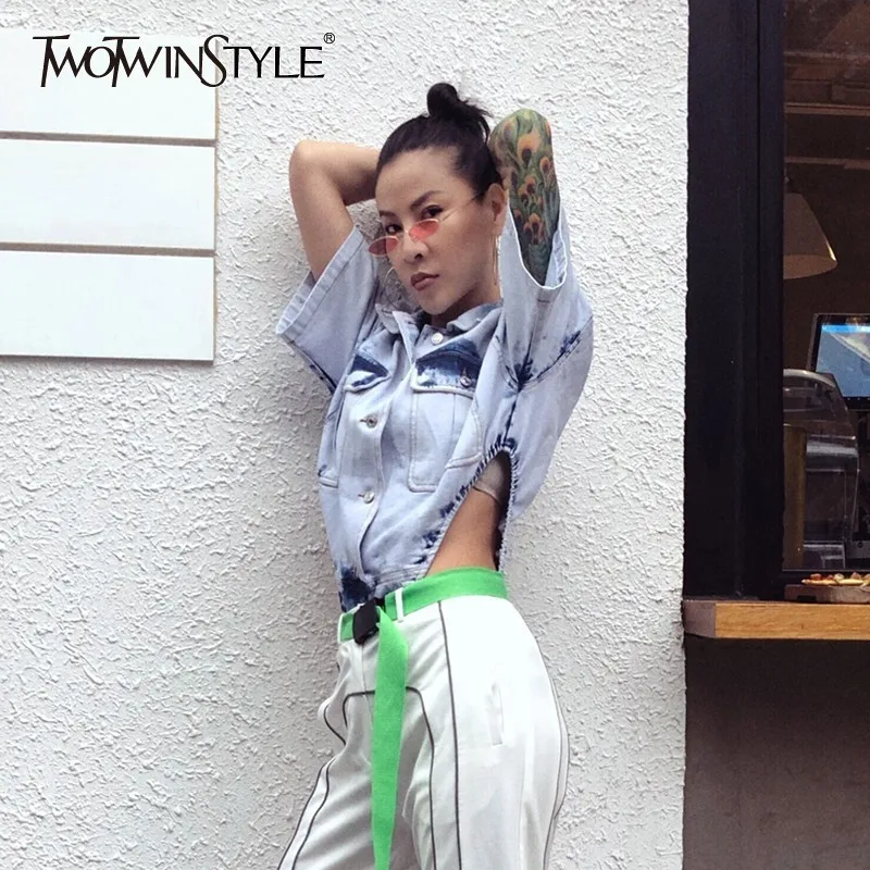 

TWOTWINSTYLE Spring Jumpsuit For Women Lapel Short Sleeve High Waist Hollow Out With Sashes Bodysuits Female Fashion 2019 New