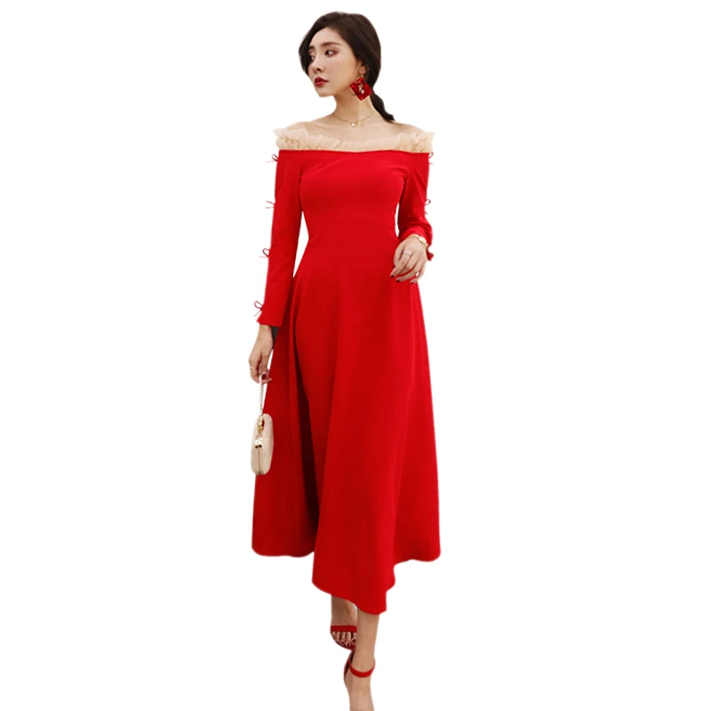 

nude tulle ruffle off the shoulder knotted bows see through long sleeve tea-length woman summer dresses red party dresses