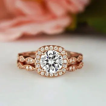 

Double Set 14K Rose Gold Diamond Rings Square Anillos De Bague or Jaune Bizuteria Ring for Women Wedding Jewelry Amethyst Rings