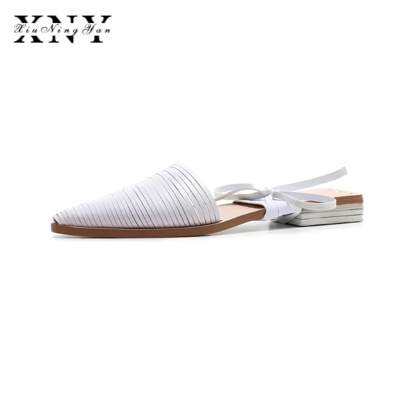 

XIUNINGYAN Concise Cross-Tied Genuine Leather Women Flats Mules Shoes For Summer Sandals Handmade Comfortable Outside Slippers