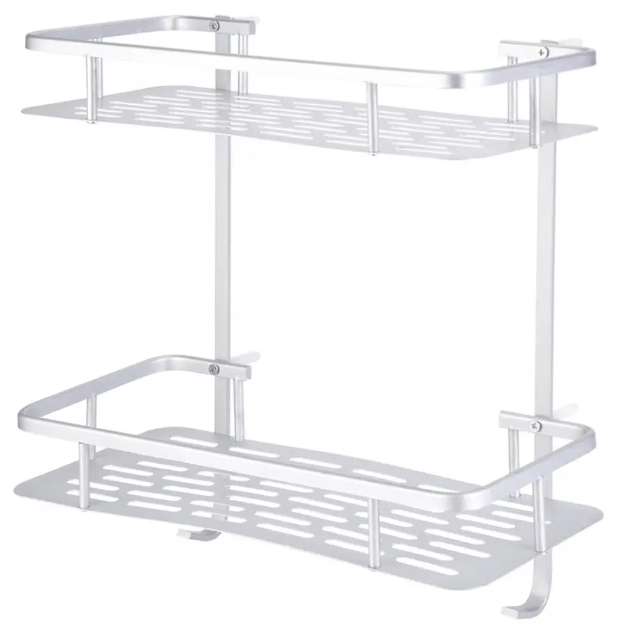 

Double Layers Aluminum Storage Shelf Rack with 2 Hanging Hooks Wall Mounted shower shelf Bathroom Accessories