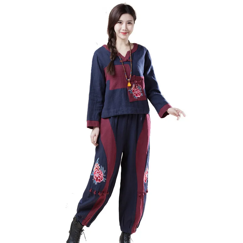 

Cotton And Linen blends Suit Chinese style Twinset Embroidered Buckle decoration splicing oversize trousers and coat suit women