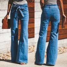 Новые винтажные женские классические джинсовые брюки-клёш с высокой талией и поясом, повседневные широкие брюки с поясом, Pantalon Mujer