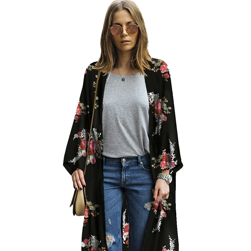 Женский винтажный шифоновый кардиган Boho свободное кимоно с цветочным принтом