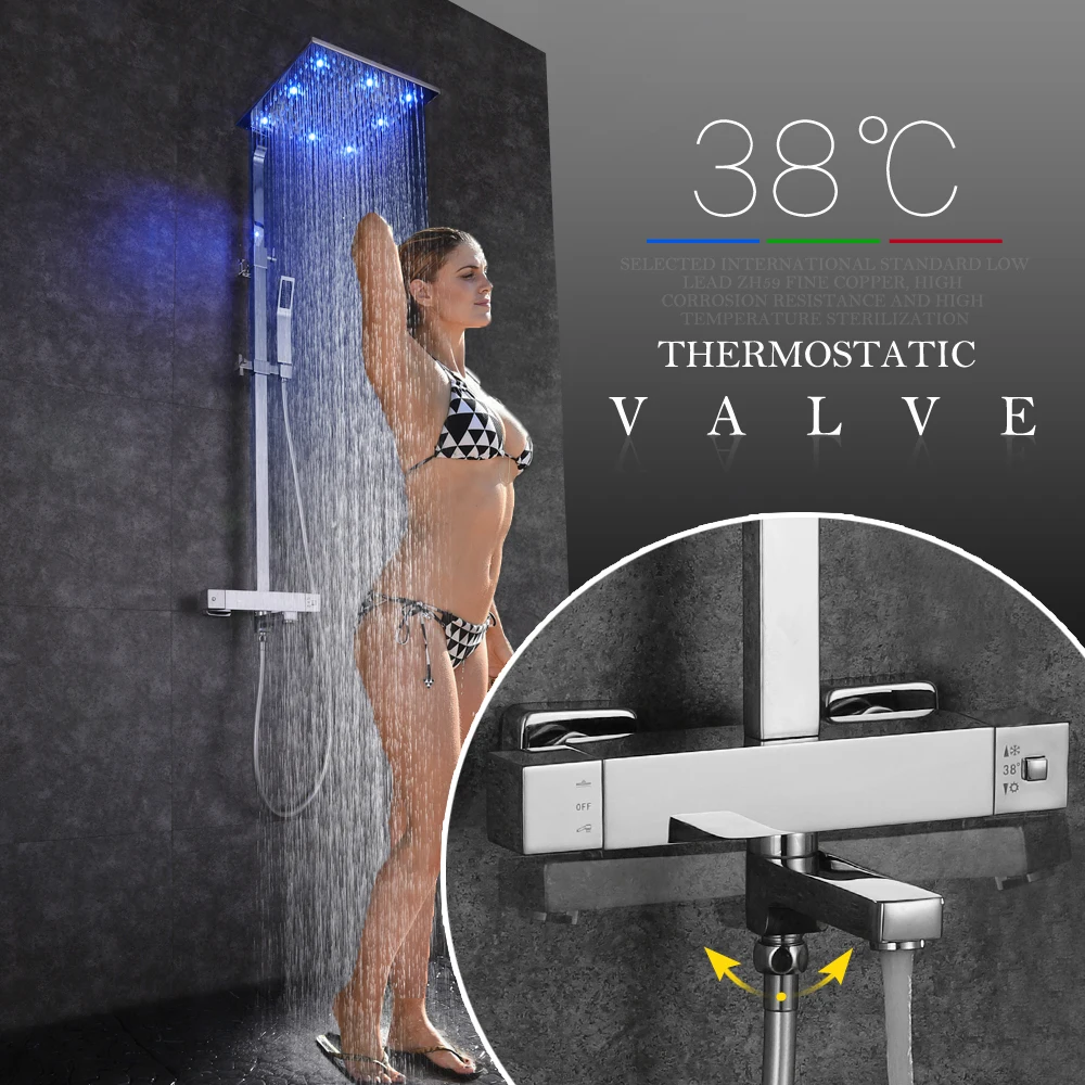 

SKOWLL Bathroom Thermostatic Shower Set Square Shower Faucet Mixer with LED Rainfall Shower Head Mixer