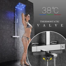 SKOWLL Bathroom Thermostatic Shower Set Square Shower Faucet Mixer with LED Rainfall Shower Head Mixer shower system thermostatic bath bathroom mixer shower set twin head square chrome 40x40cm hand shower