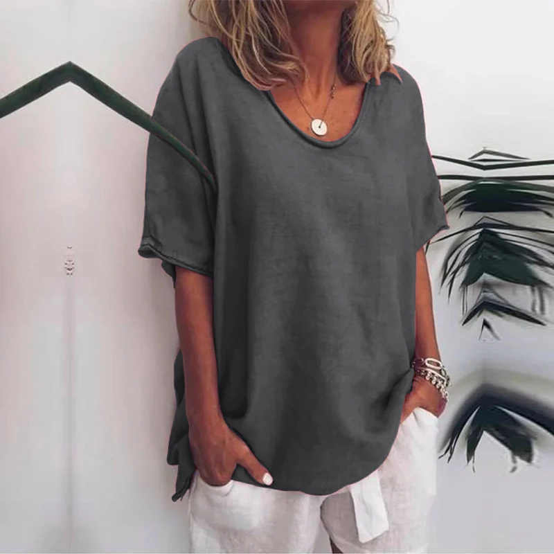 زائد حجم النساء الكتان Blusas 2019 ZANZEA المحملة قميص الصيف تونك قمم الأزياء نصف كم قميص الإناث س الرقبة الأساسية المحملة قميص