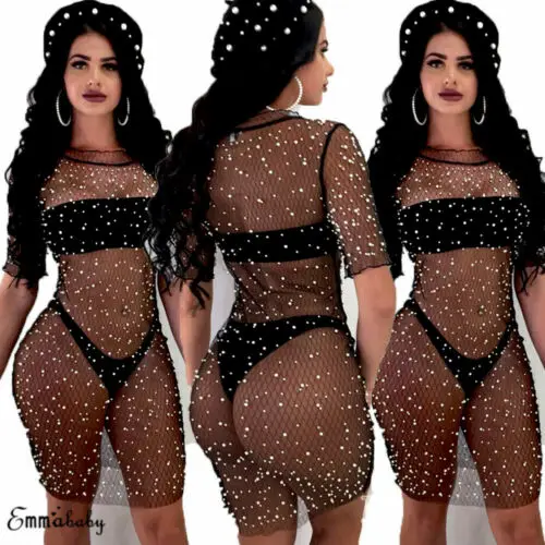 

Sexy Womens Sequins Mesh Beachwear Swimwear Bikini Cover Up Ladies Lace Blouse Dress