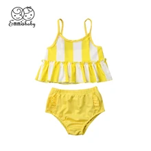 Купальный костюм в полоску для маленьких девочек, 2 предмета, купальный костюм с оборками без рукавов, бикини набор купальников, пляжная одежда, От 1 до 5 лет
