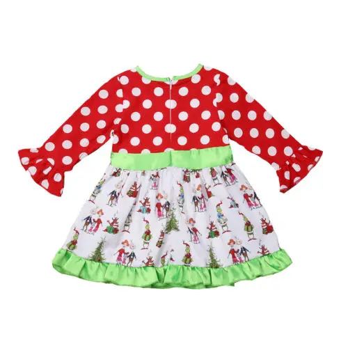 

Fashion Baby Girl Xmas Zipper Dress Toddler Long Flare Sleeve Santa Claus Dress Kids Princess Polka Dot Patchwork Clothing New