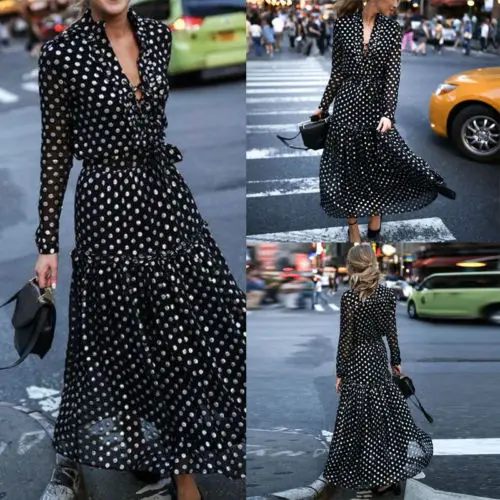 

New Fashionable Women's Sexy And Charming V-Neck Long Sleeve Dress Ladies Summer Beach Party Polka Dot Draped Dresses