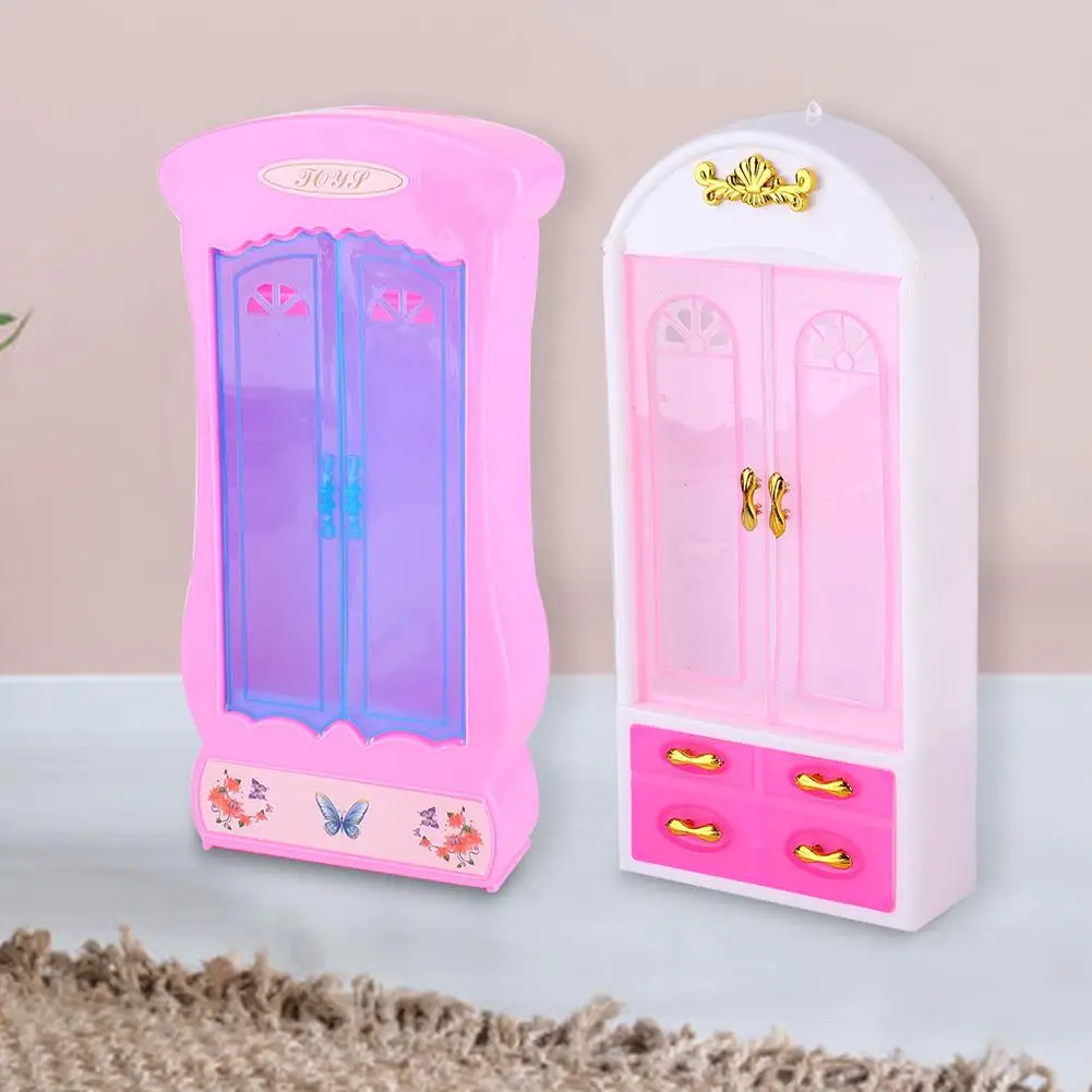  2 Types Plastic Doll House Furniture Set Mini Bed Wardrobe Mirror Doll House Accessories Set Imitat