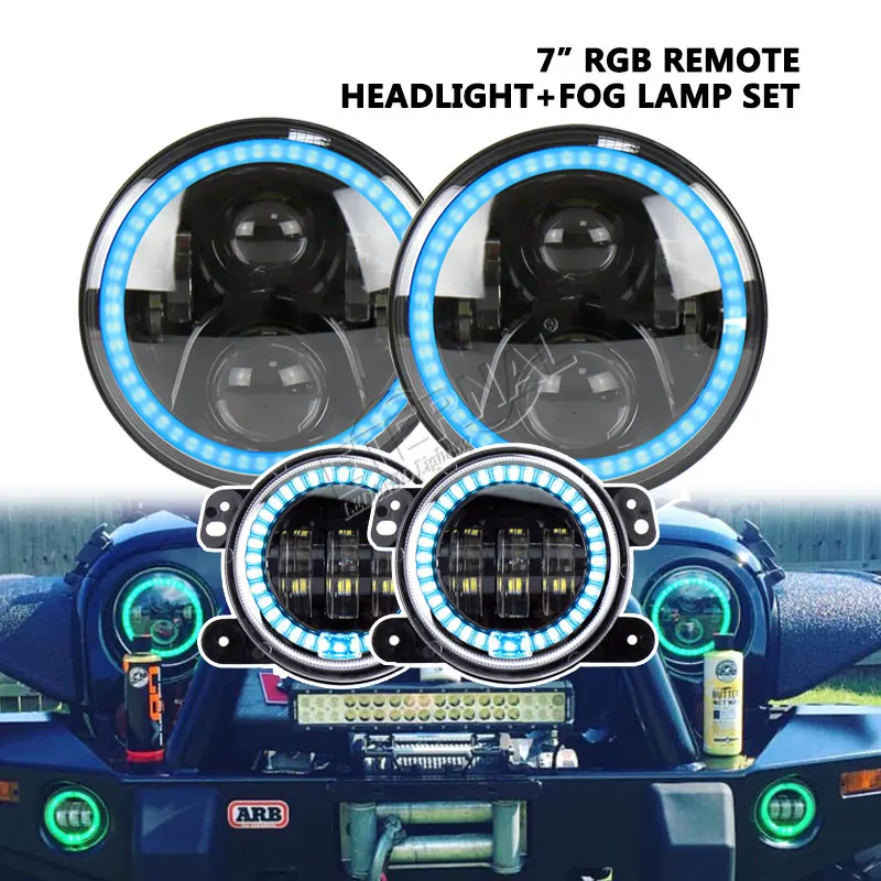 

bluetooth remote 60W RGB led headlight + 4inch 30W RGB led fog lamp for 4x4 offroad Wrangler Rubicon CT TJ JK LJ Hummer FJ Miata